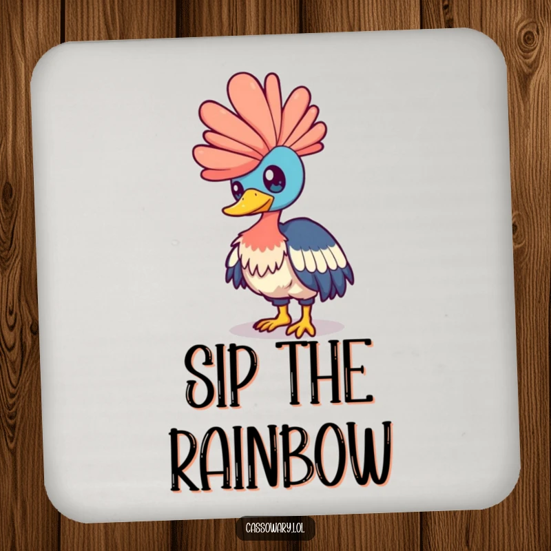Funny cassowary drink coaster featuring a bird playfully nudging a shimmering rainbow, perfect for adding whimsical flair to tabletops.