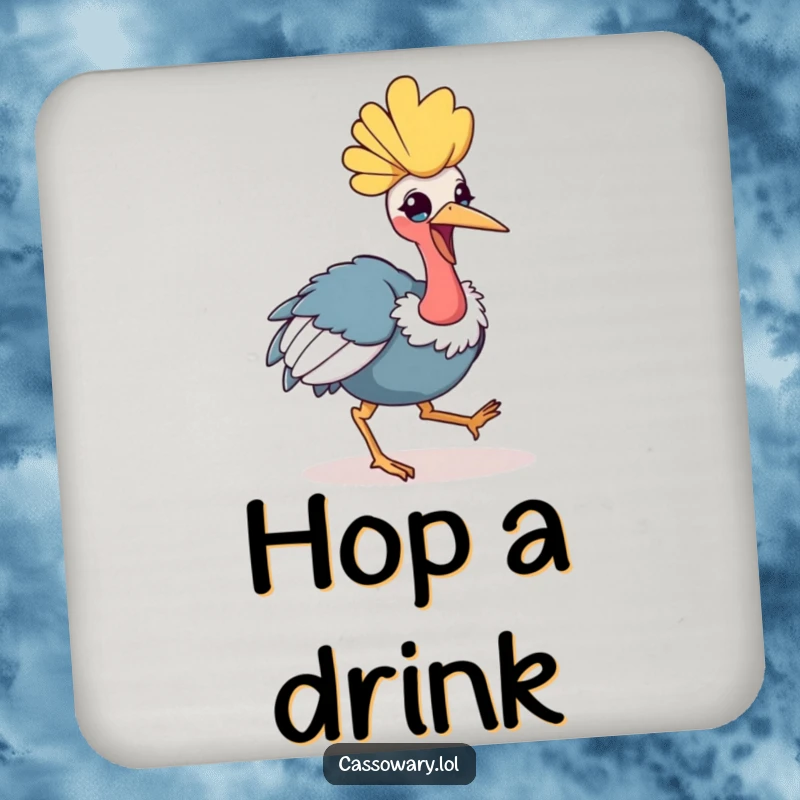 Funny kawaii cassowary coasters showing a cheerful bird hopping, perfect for protecting furniture with a humorous and cute design.