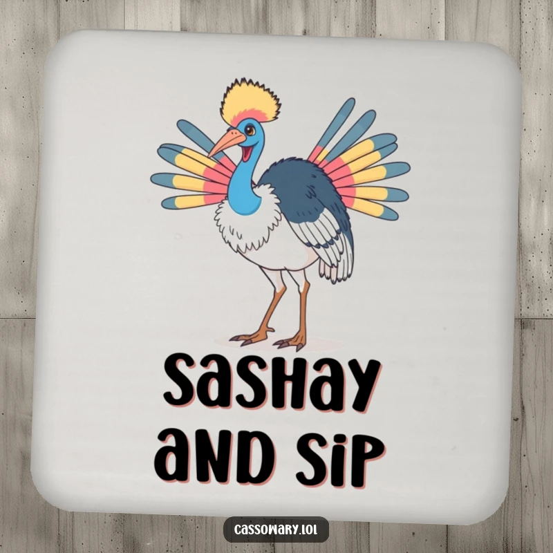 Funny cassowary drink coaster featuring a bird doing a proud strut with its colorful neck feathers, adding bold flair to tabletops.