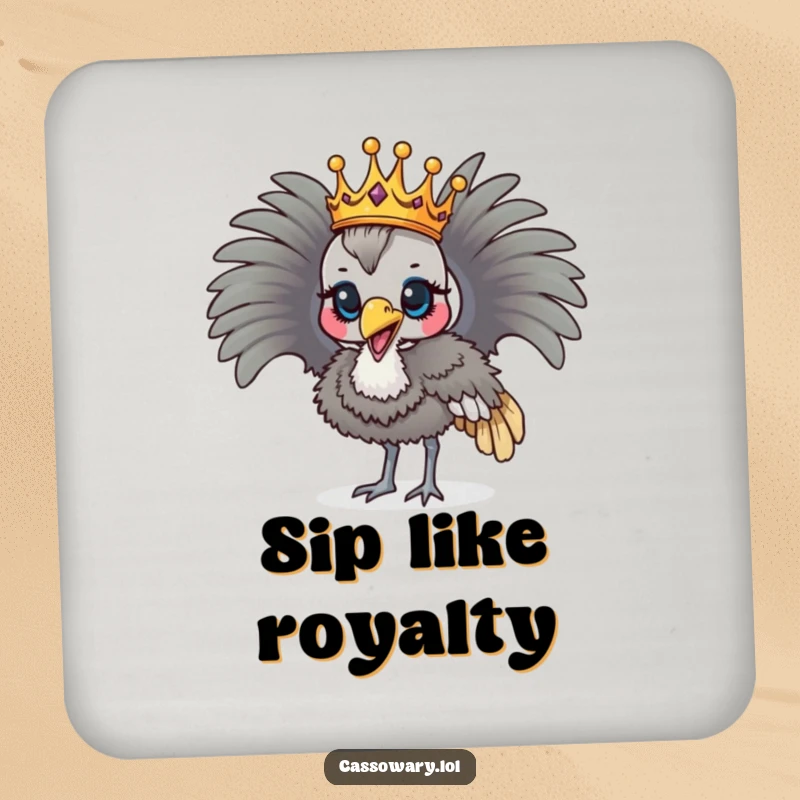 Funny cassowary wearing a crown, parading proudly, humorous drink coasters.