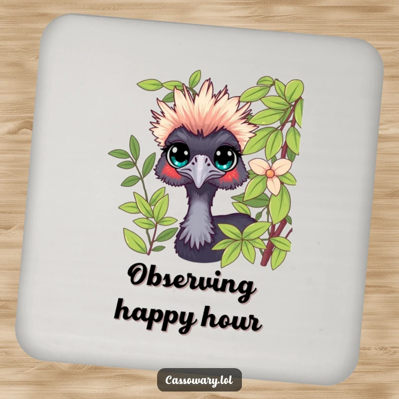 Funny Cassowary Peeking Drink Coaster: A curious cassowary peeking from foliage, protecting tabletops. Funny gift.
