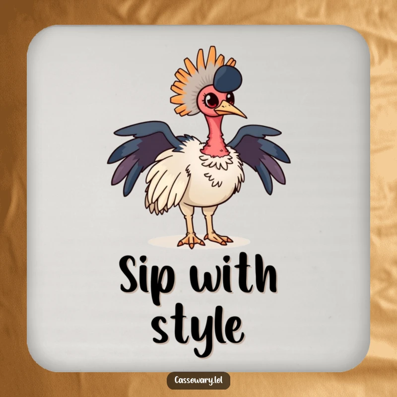 Funny cassowary coaster showcasing a proud bird with vibrant, colorful neck feathers. Perfect for protecting furniture.