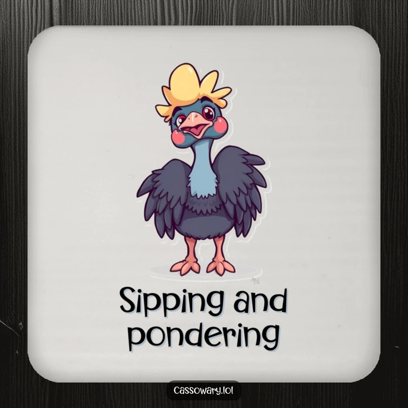 Funny Cassowary Coaster: A cassowary with a playful head tilt, looking curious. Protects surfaces with humor. Great gift.