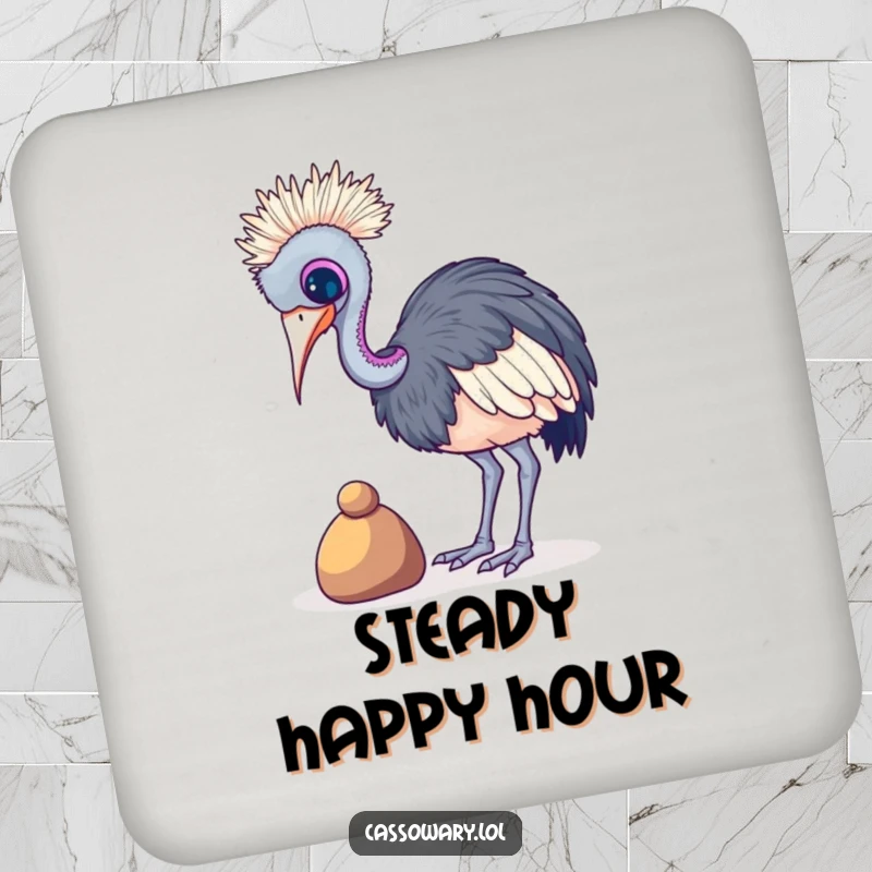 Funny Cassowary Pebble Balance Drink Coaster: A cassowary balancing a pebble, protecting tabletops. Funny gift.