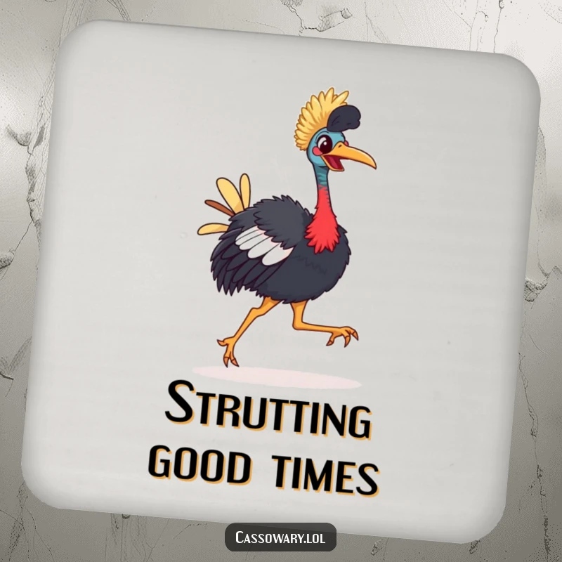Funny Cassowary Coaster: A brightly-beaked bird happily strutting with a comical, joyful gait, protecting surfaces.