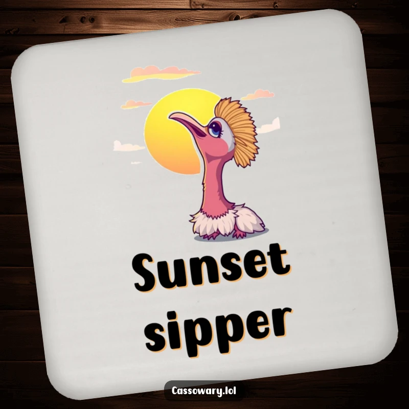 Funny cassowary coaster depicting a bird looking peacefully at a vibrant sunset. Protects furniture with style.