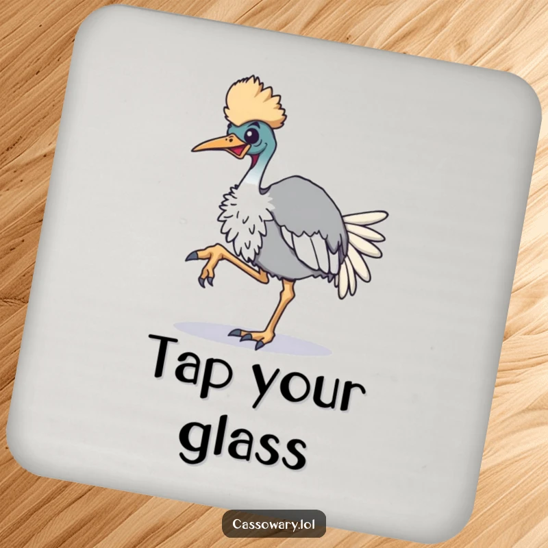 Funny cassowary drink coaster, a coaster featuring an enthusiastic cassowary bird tapping its foot, protecting surfaces with a humorous beat.
