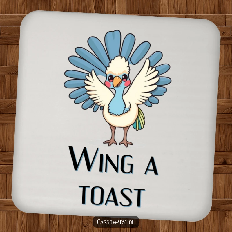 Funny kawaii cassowary coasters featuring a friendly bird waving its wing, perfect for protecting furniture with a welcoming design.