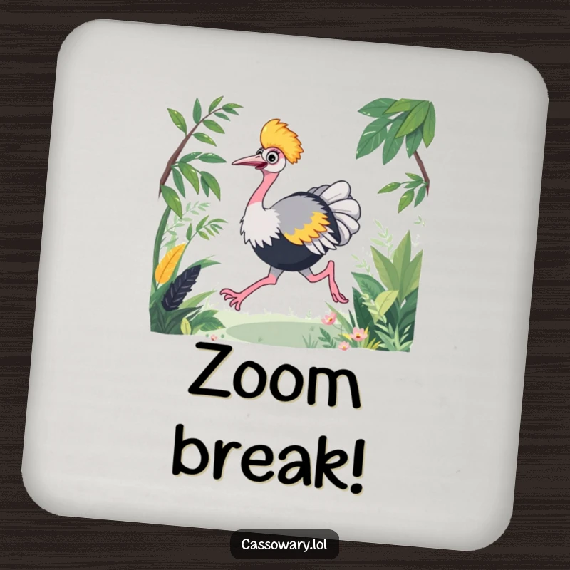 Funny cassowary drink coaster with an energetic bird joyfully racing through lush foliage, adding fun to surfaces.