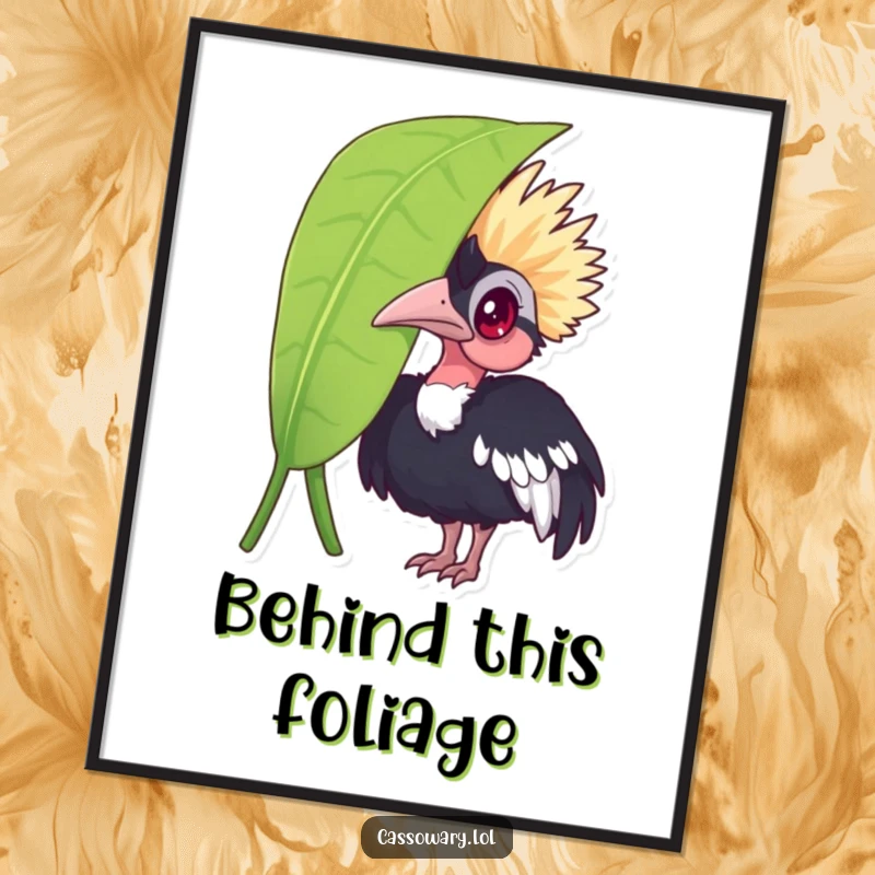 Funny cassowary poster, a curious bird peeking from a large leaf, creating intriguing and humorous wall art for any space.