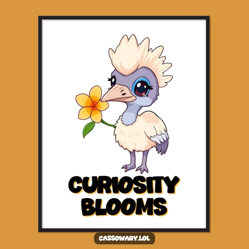 Funny Curious Cassowary Flower Poster - Whimsical Bird Art Print