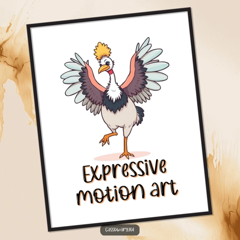 Funny cassowary poster of a happy bird dancing with its wings outstretched, adding vibrant humor and energetic movement to wall decor.