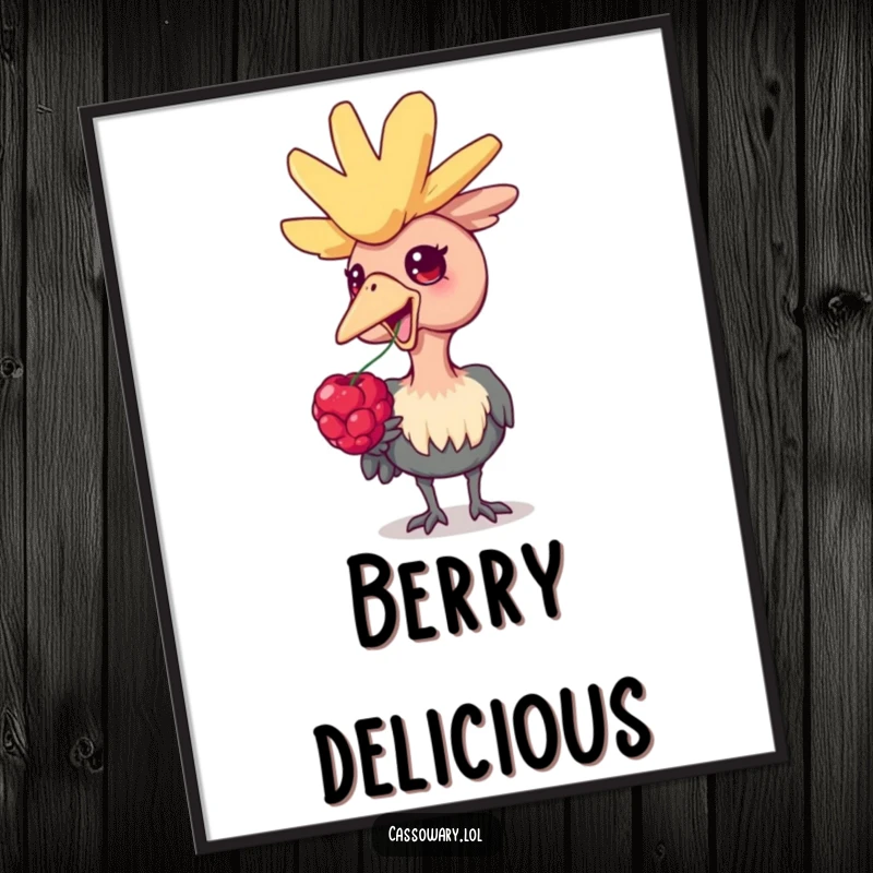 Funny cassowary poster, a delightful illustration of a cassowary bird looking ecstatic over a juicy berry, adding humor to wall art.