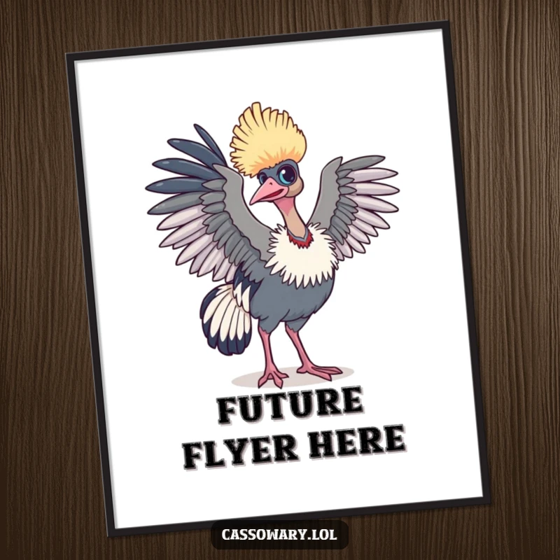 Funny cassowary poster of a bird poised for flight with wings slightly raised, capturing a humorous moment of anticipation.