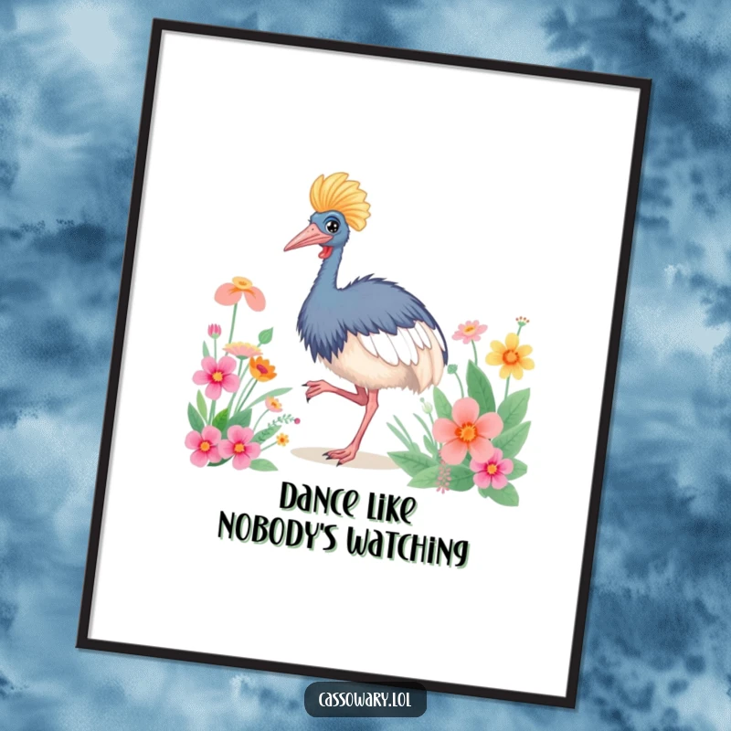 Funny Cassowary Happy Dance Poster: A dancing cassowary near flowers, creating a vibrant wall art. Funny gift.