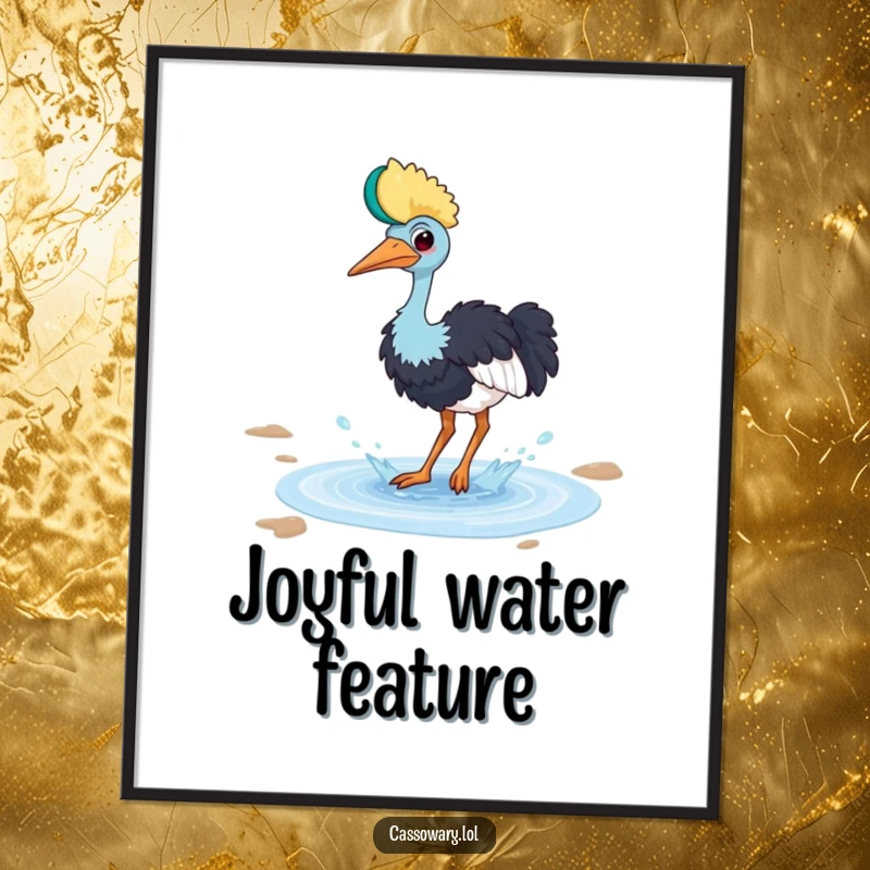 Funny cassowary poster featuring a bird playfully splashing in a small puddle with a happy splash, joyful wall decor.