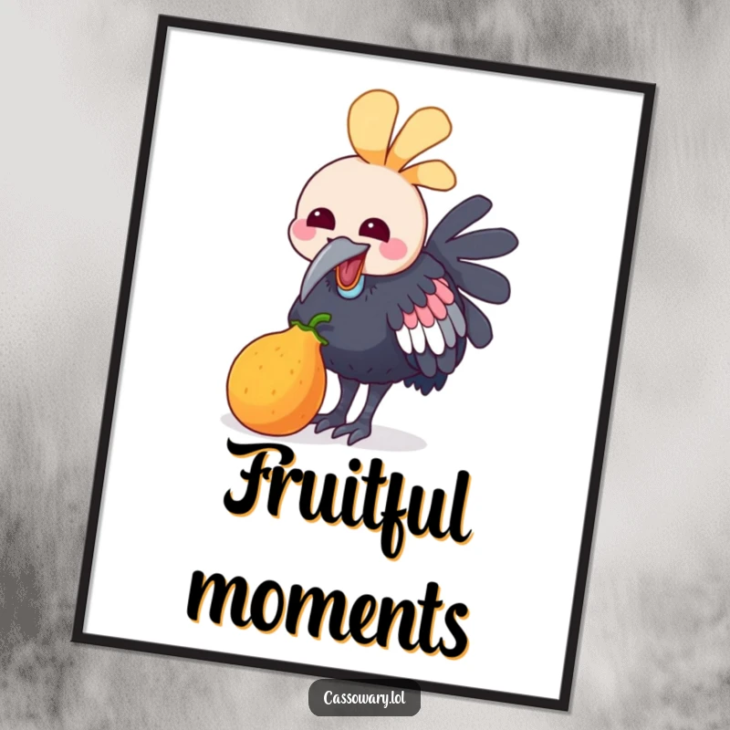 Funny poster featuring a kawaii cassowary happily pecking at a small, colorful fruit, capturing a moment of pure, unadulterated joy.