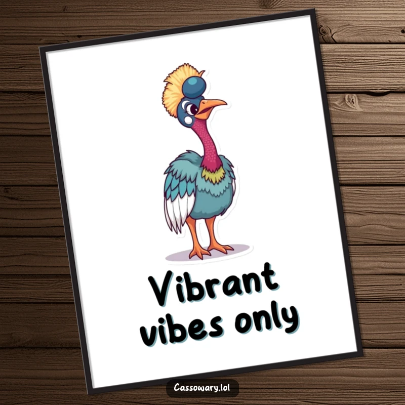 Funny cassowary poster showcasing a bird tilting its body to display its vibrant plumage in a humorous, eye-catching way.