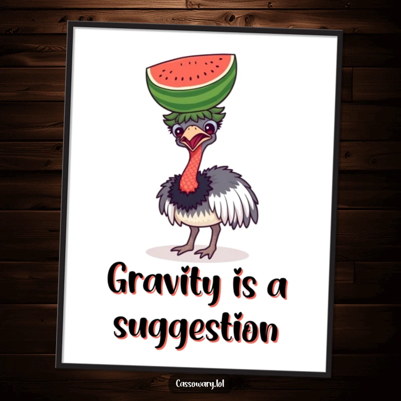 Funny poster of a cassowary comically attempting to balance a watermelon on its head, a whimsical and humorous piece of art.