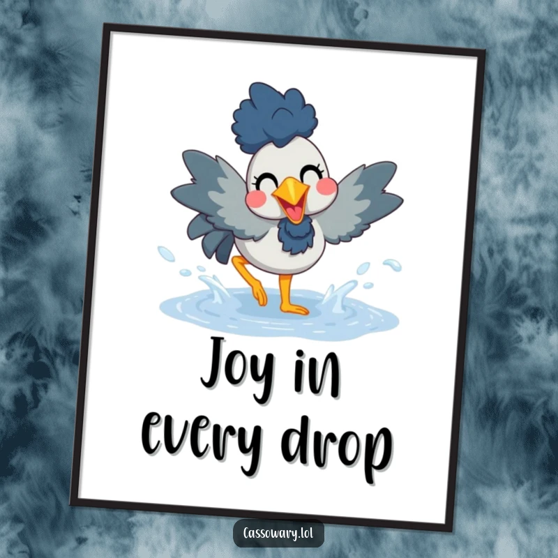 Funny poster of a cassowary joyfully splashing in a puddle, capturing a moment of carefree happiness and playful delight.