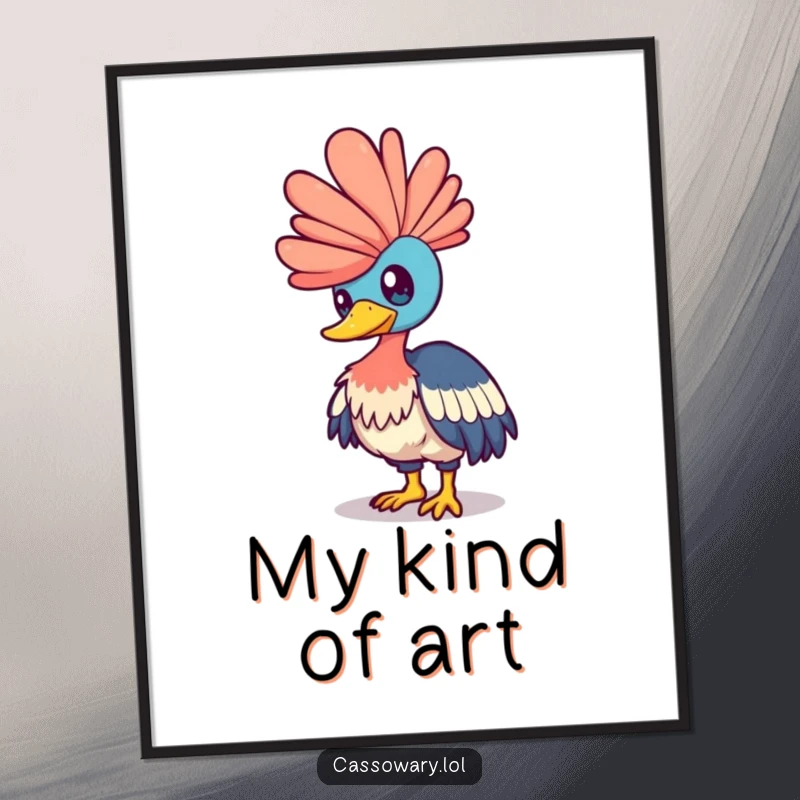 Funny cassowary poster art of a bird playfully nudging a shimmering rainbow, bringing whimsical charm and vibrant color to any room.