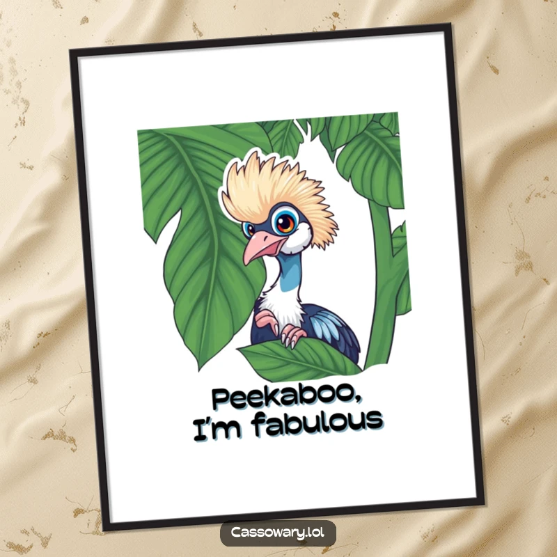 Funny cassowary poster art of a playful cassowary peeking from behind a lush tropical leaf, adding jungle charm.