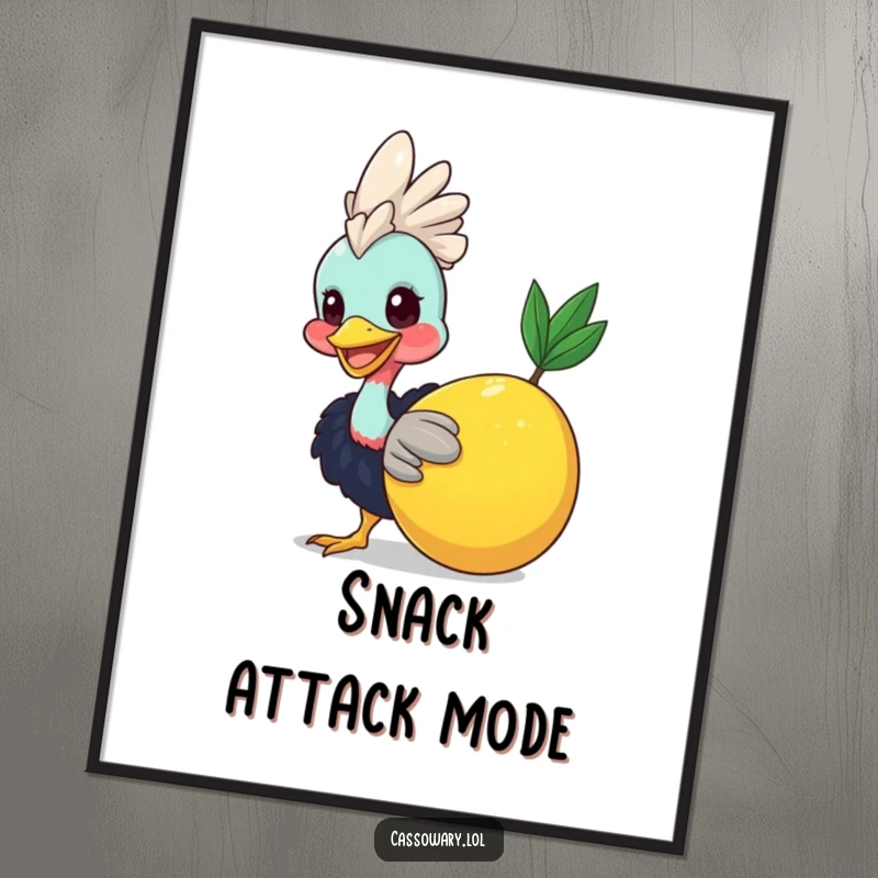 Funny Cassowary Fruit Nudge Poster: A smiling cassowary playfully nudging a giant fruit, creating a vibrant, humorous wall art piece. Funny gift.