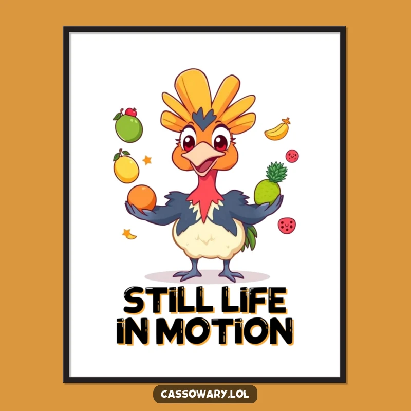 Funny Cassowary Juggling Fruit Poster - Grinning Bird Wall Art