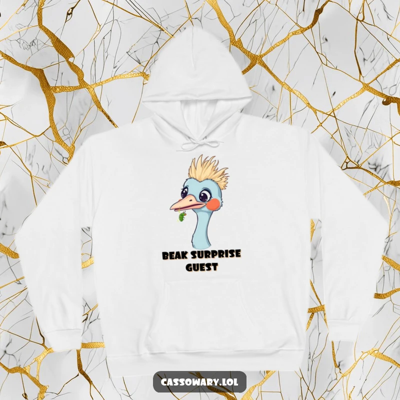 Funny hoodie displaying a cassowary looking surprised as a tiny caterpillar crawls on its beak, offering warmth and humor.