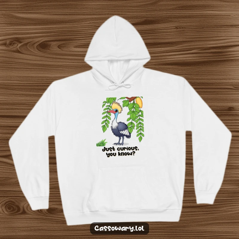 Funny cassowary hoodie featuring a curious bird tilting its head at a vine, offering warmth and humor, ideal for gifting.