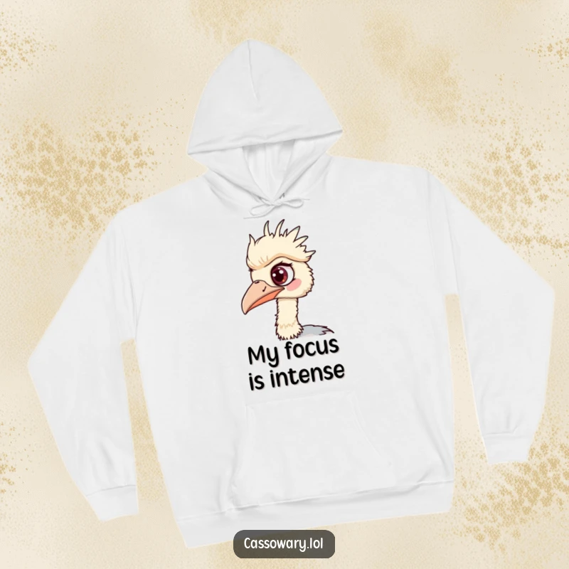Funny Cassowary Hoodie: A warm hoodie featuring a cassowary with one eye wide, humorously focused on spotting an interesting sight.