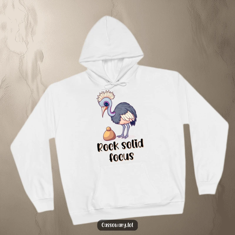 Funny Cassowary Pebble Balance Hoodie: A wobbly cassowary balancing a colorful pebble, perfect for cold days. Funny gift.