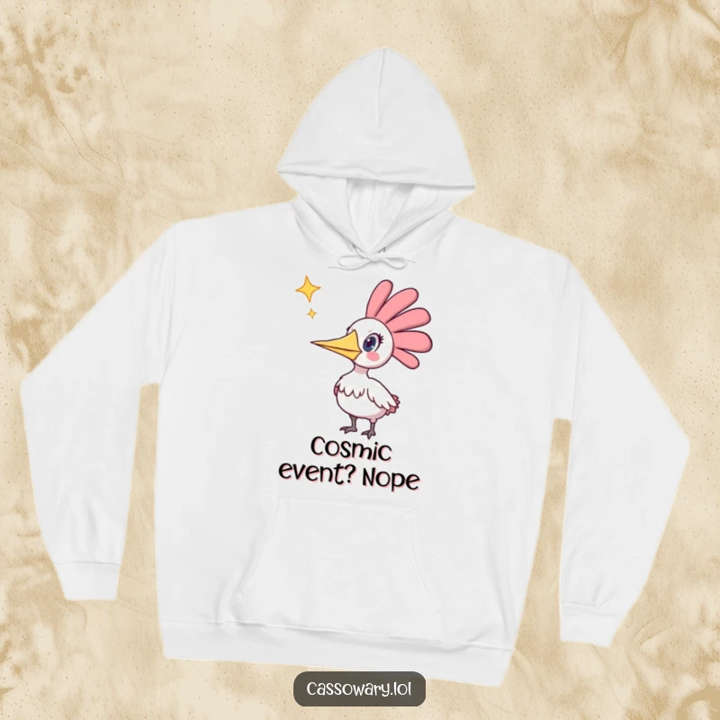 Funny hoodie depicting an astonished cassowary witnessing a bright star fall from the sky, a comical and cozy celestial scene.