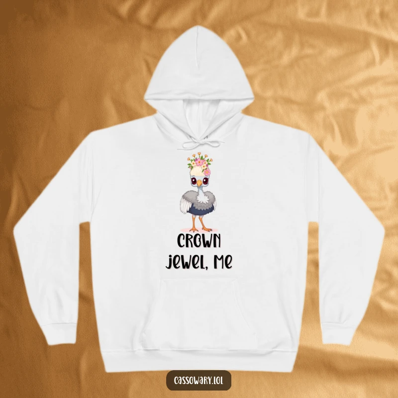 Funny cassowary hoodie featuring a bird wearing a floral crown and strutting proudly, exuding humorous elegance.
