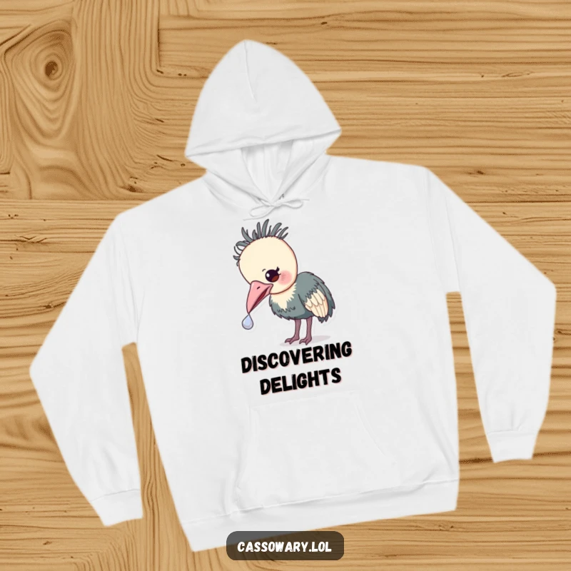 Funny Cassowary Treasure Hoodie: A cozy hoodie with a cassowary gently nudging a small, shiny object, symbolizing curiosity.