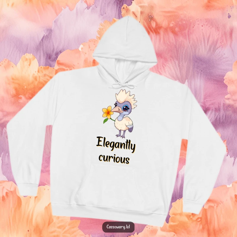 Funny hoodie displaying a cassowary with a flower behind its ear, exuding curiosity and a touch of floral charm.