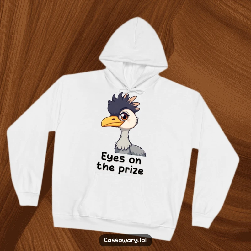 Funny cassowary hoodie, a warm garment featuring a cassowary with a playful, mischievous gleam in its eye, perfect for cozy humor.
