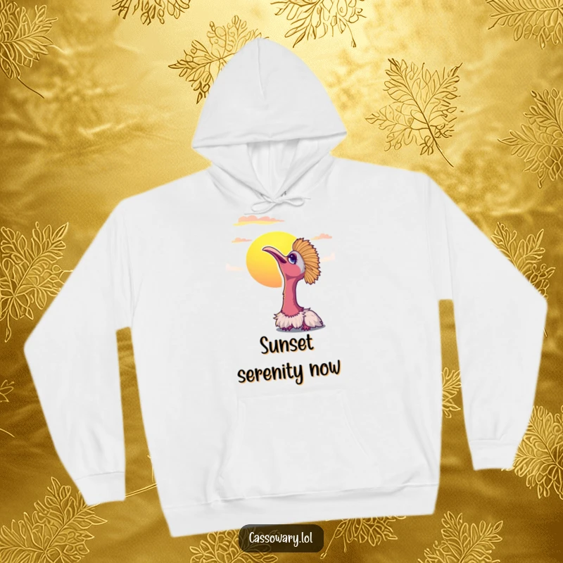 Funny cassowary hoodie showing a bird basking in the warm glow of a vibrant sunset, radiating contentment. Cozy apparel.