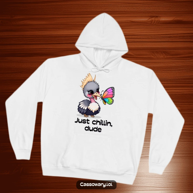 Funny hoodie showing a cassowary gently nudging a colorful butterfly with its beak, depicting a sweet and heartwarming scene.