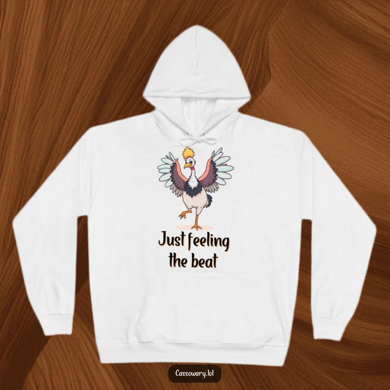 Funny cassowary hoodie featuring a happy bird dancing with outstretched wings, offering cozy comfort with a humorous and energetic design.
