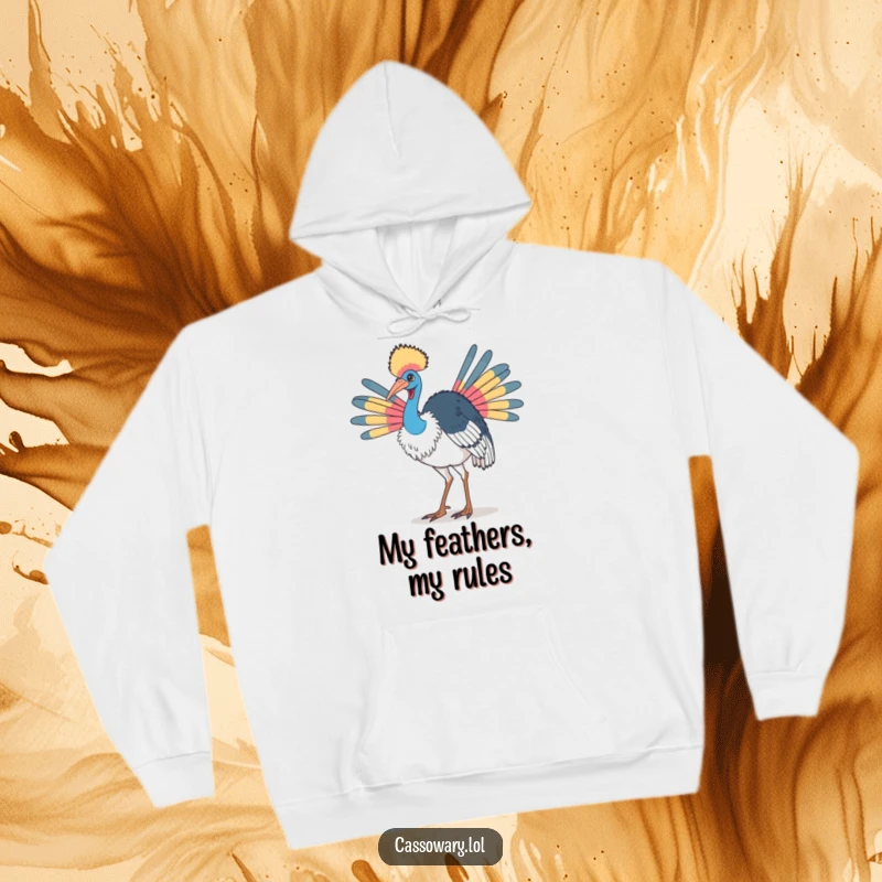 Funny cassowary hoodie showing a bird doing a proud strut with its colorful neck feathers, designed for confident comfort.