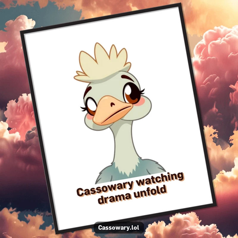 Funny Free Printable Wall Art: Amused cassowary with a side-eye, observing something delightfully absurd off-frame.