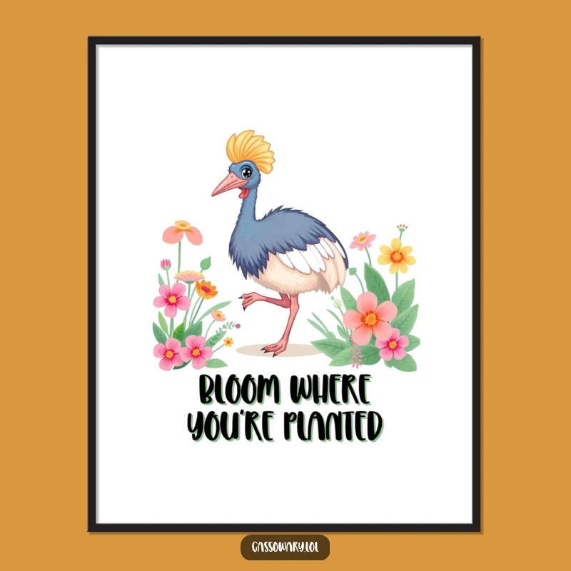 Funny Free Printable Wall Art: Dancing Cassowary, Vibrant Flowers, Downloadable Decor