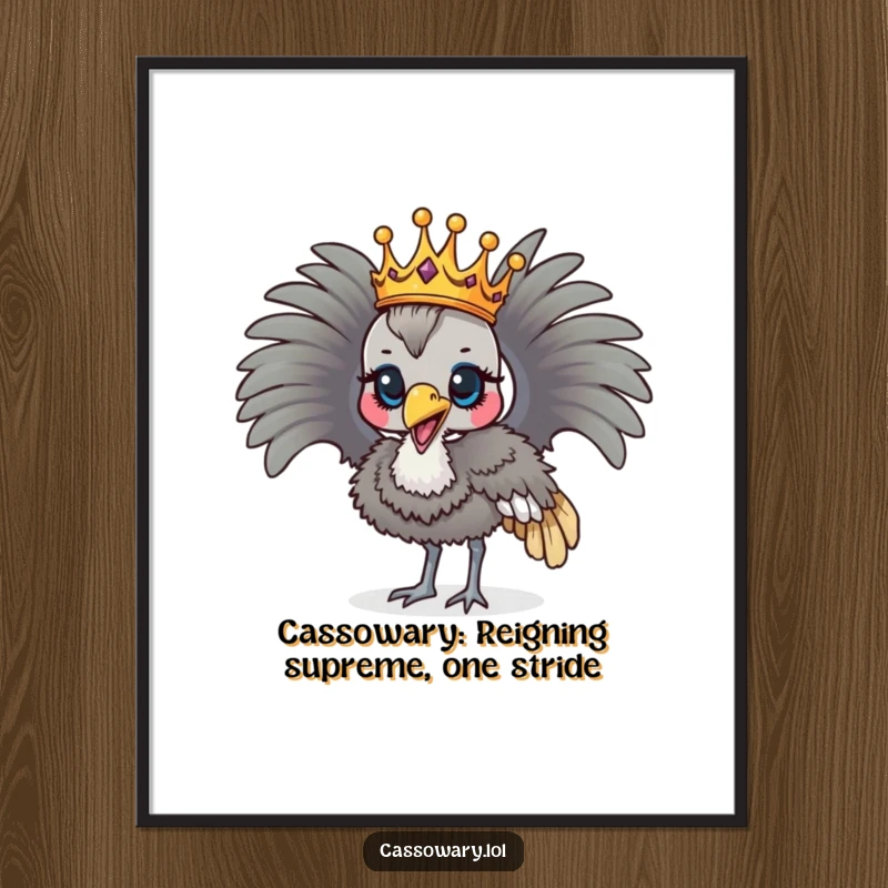 Funny Free Printable Wall Art: A cassowary wearing a golden crown parades with regal pride.
