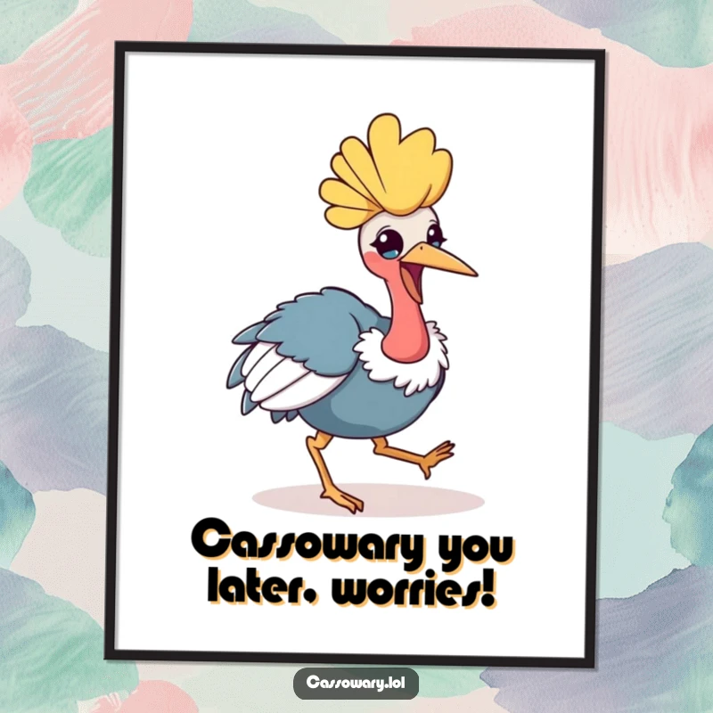 Funny Free Printable Wall Art: a kawaii cassowary displaying a cheerful, playful hop, bringing joy to any room.