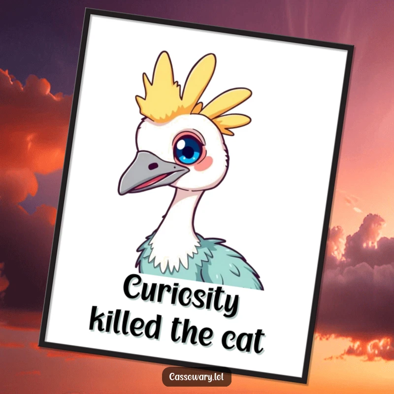 Funny Free Printable Wall Art: A kawaii cassowary tilts its head inquisitively, its bright eye showcasing a sense of wonder.