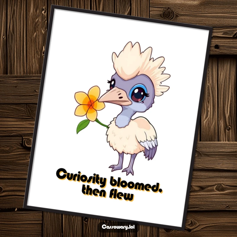 Funny free printable wall art of a cassowary wearing a flower behind its ear, looking curiously at the viewer.
