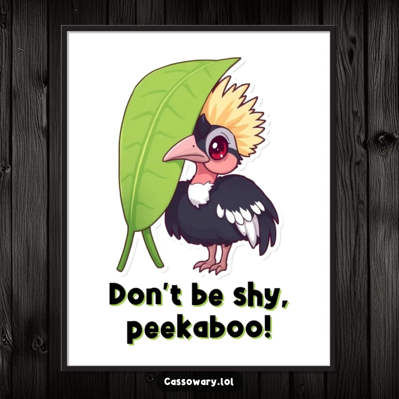 Funny Free Printable Wall Art: A curious cassowary peeking from behind a leaf, adding a touch of whimsy to any room.