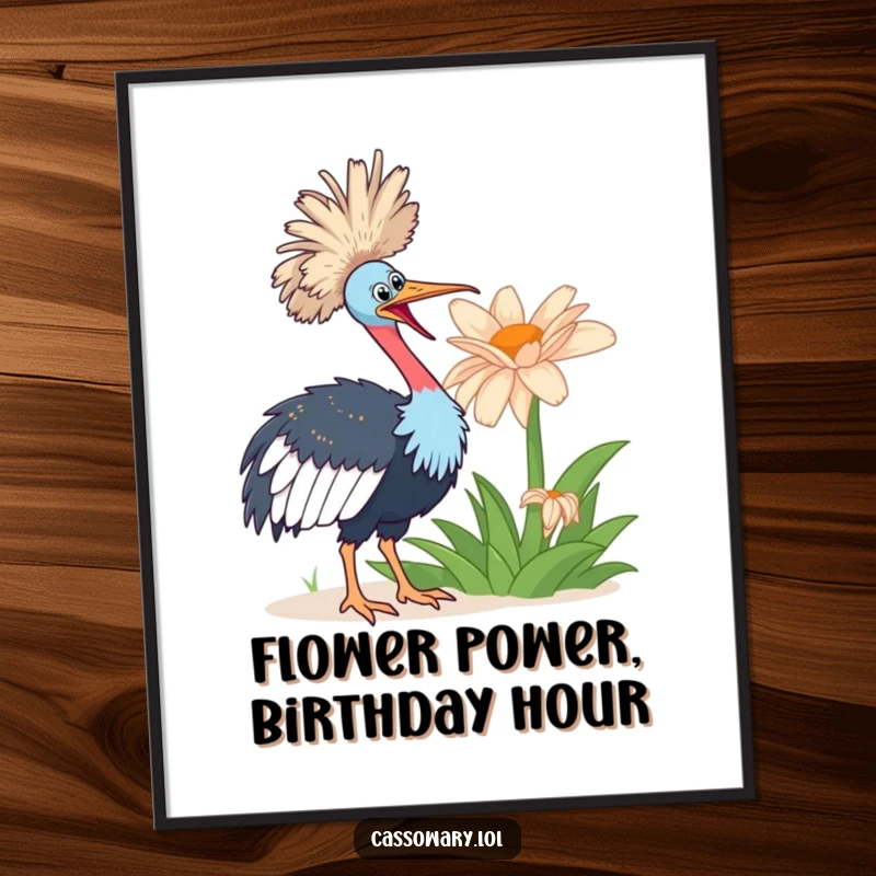 Funny Free Printable Wall Art: An enthusiastic cassowary is depicted looking with great wonder at a massive, colorful flower.