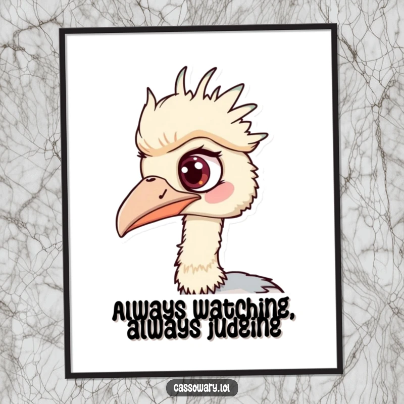 Funny Free Printable Cassowary Wall Art, one eye wide, intently spotting something fascinating, downloadable humor.
